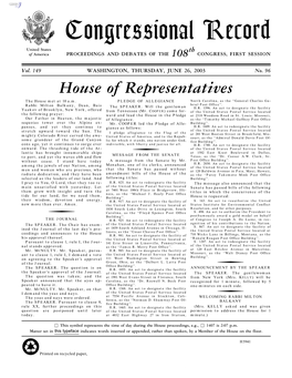 Congressional Record United States Th of America PROCEEDINGS and DEBATES of the 108 CONGRESS, FIRST SESSION