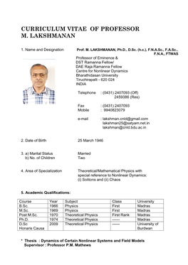 Curriculum Vitae of Professor M. Lakshmanan