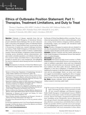Ethics of Outbreaks Position Statement. Part 1: Therapies, Treatment Limitations, and Duty to Treat