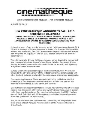 Uw Cinematheque Announces Fall 2013 Screening Calendar