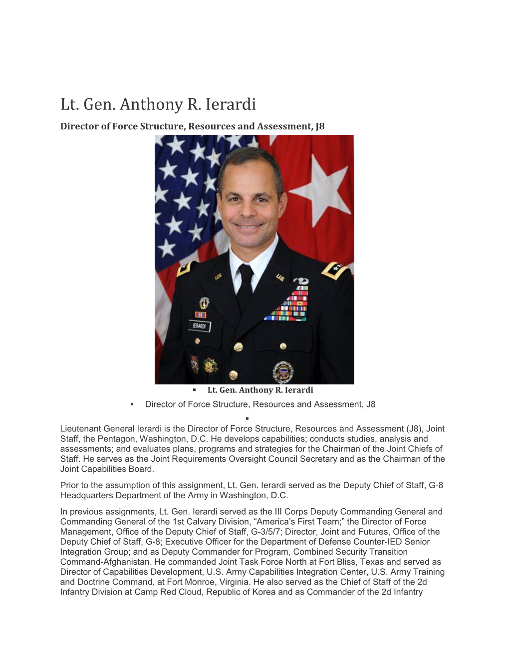 Lt. Gen. Anthony R. Ierardi Director of Force Structure, Resources and ...