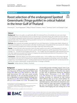 Roost Selection of the Endangered Spotted Greenshank (Tringa Guttifer) in Critical Habitat in the Inner Gulf of Thailand Chenxing Yu1*, Dusit Ngoprasert1, Philip D