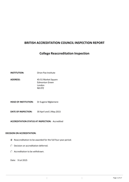 BRITISH ACCREDITATION COUNCIL INSPECTION REPORT College
