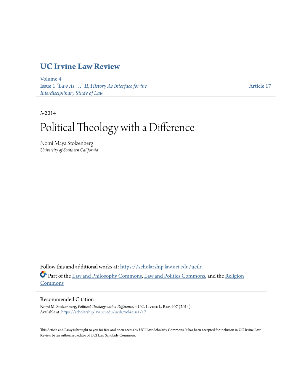 Political Theology with a Difference Nomi Maya Stolzenberg University of Southern California