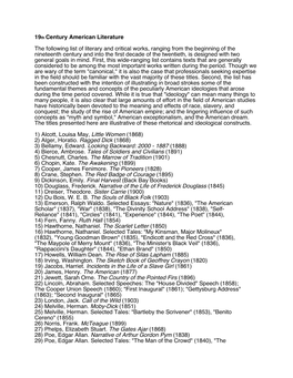 19Th Century American Literature the Following List of Literary and Critical Works, Ranging from the Beginning of the Nineteenth