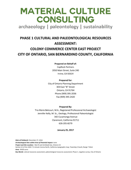 Phase 1 Cultural and Paleontological Resources Assessment: Colony Commerce Center East Project City of Ontario, San Bernardino County, California