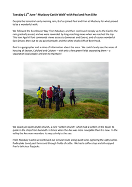 Tuesday 11 June ' Musbury Castle Walk' with Paul and Fran Dike