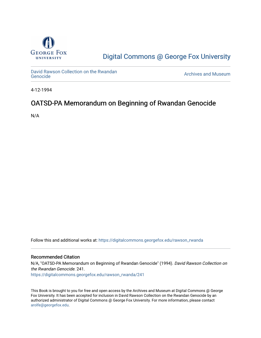 OATSD-PA Memorandum on Beginning of Rwandan Genocide