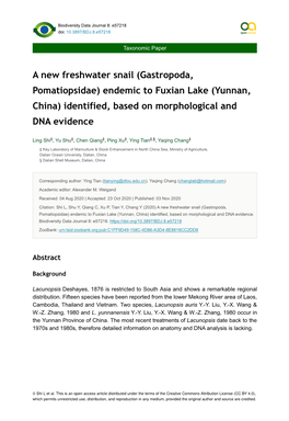 A New Freshwater Snail (Gastropoda, Pomatiopsidae) Endemic to Fuxian Lake (Yunnan, China) Identified, Based on Morphological and DNA Evidence