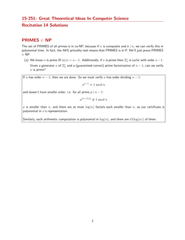 15-251: Great Theoretical Ideas in Computer Science Recitation 14 Solutions PRIMES ∈ NP