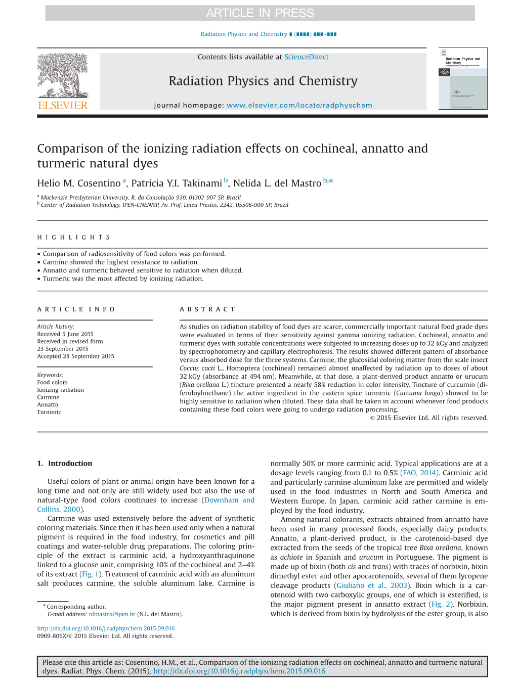 Comparison of the Ionizing Radiation Effects on Cochineal, Annatto and Turmeric Natural Dyes