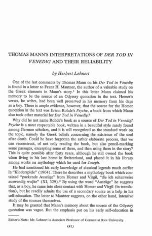 THOMAS MANN's INTERPRETATIONS of DER TOD in VENEDIG and TMEIR RELIABILITY by Herbert Lehnert