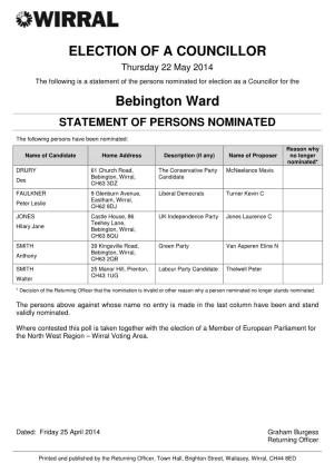 ELECTION of a COUNCILLOR Bebington Ward