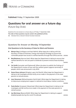 Questions for Oral Answer on a Future Day (Future Day Orals)