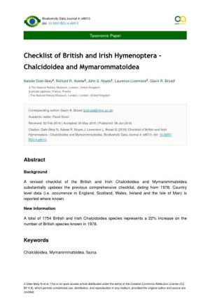 Checklist of British and Irish Hymenoptera - Chalcidoidea and Mymarommatoidea