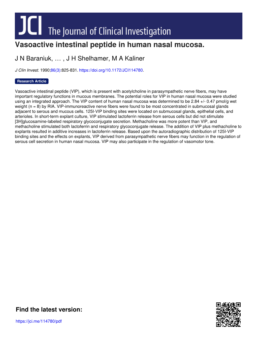 Vasoactive Intestinal Peptide in Human Nasal Mucosa