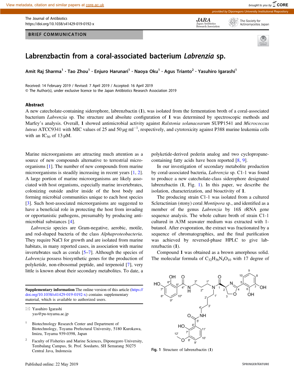 Labrenzbactin from a Coral-Associated Bacterium Labrenzia Sp