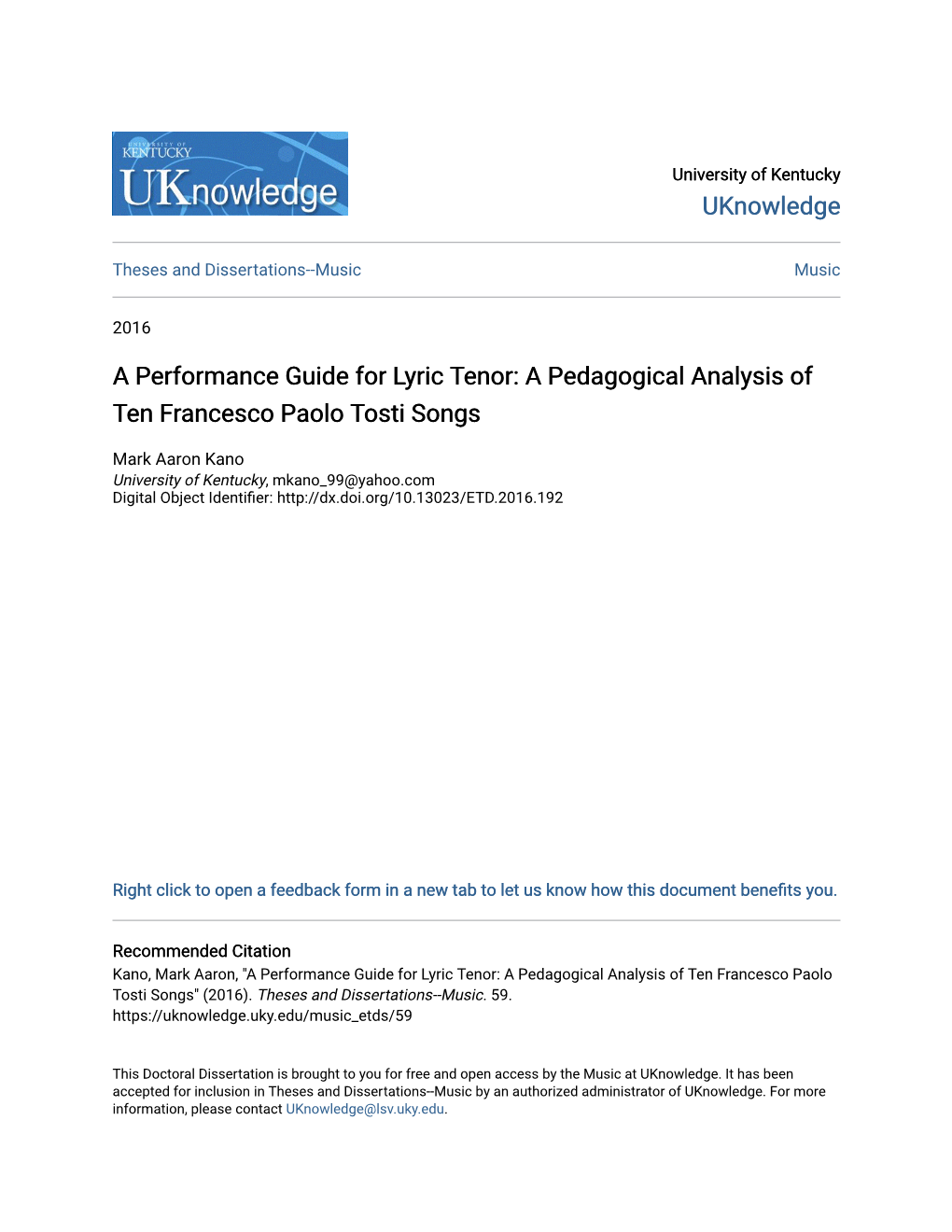 A Pedagogical Analysis of Ten Francesco Paolo Tosti Songs