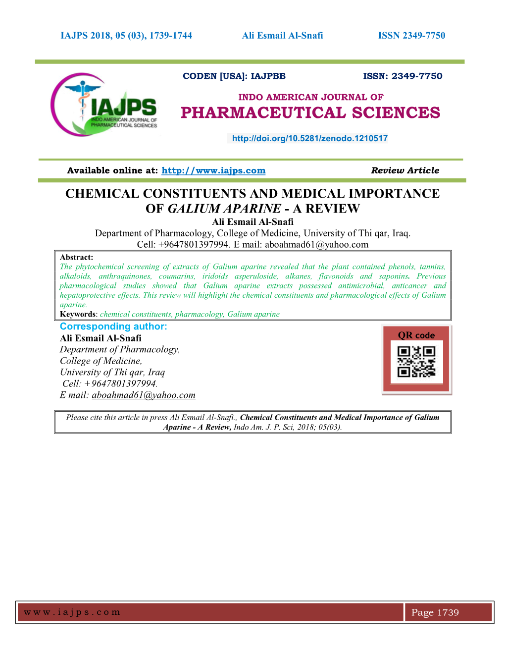 Chemical Constituents and Medical Importance of Galium Aparine