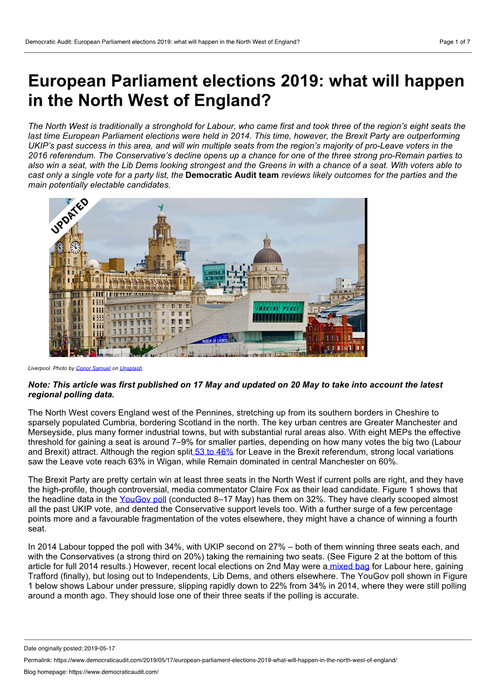 Democratic Audit: European Parliament Elections 2019: What Will Happen in the North West of England? Page 1 of 7