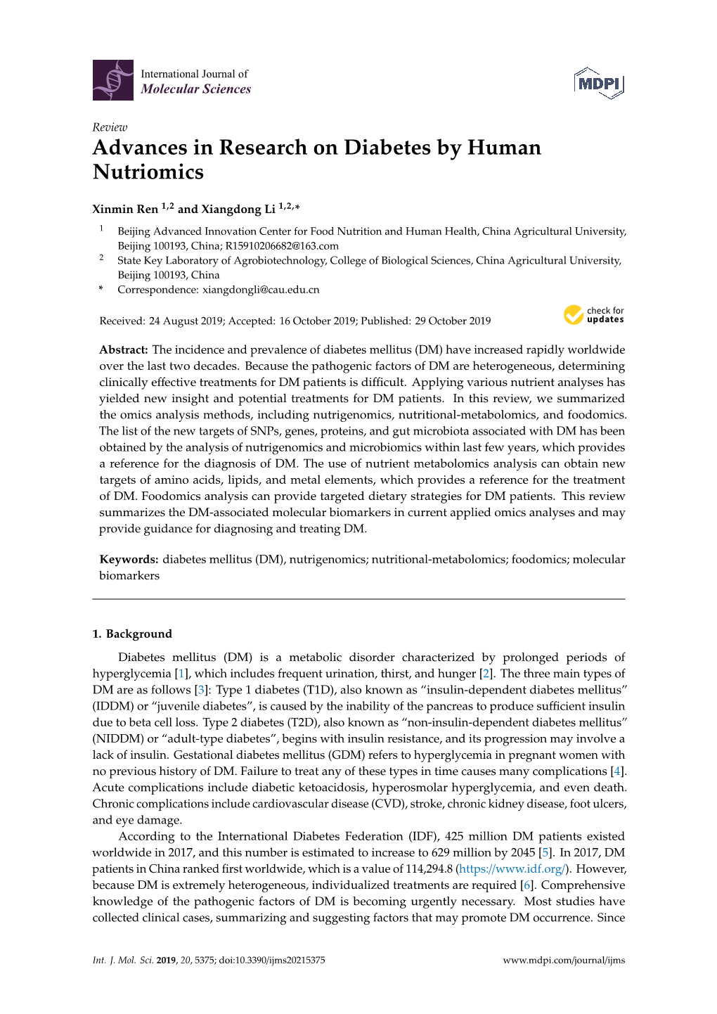 Advances in Research on Diabetes by Human Nutriomics