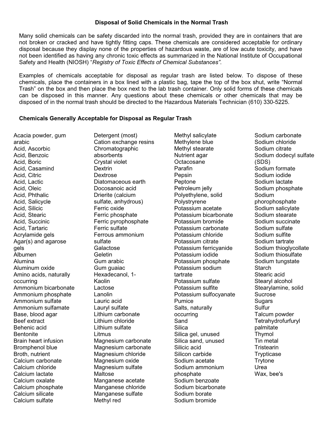 Disposal of Solid Chemicals in the Normal Trash