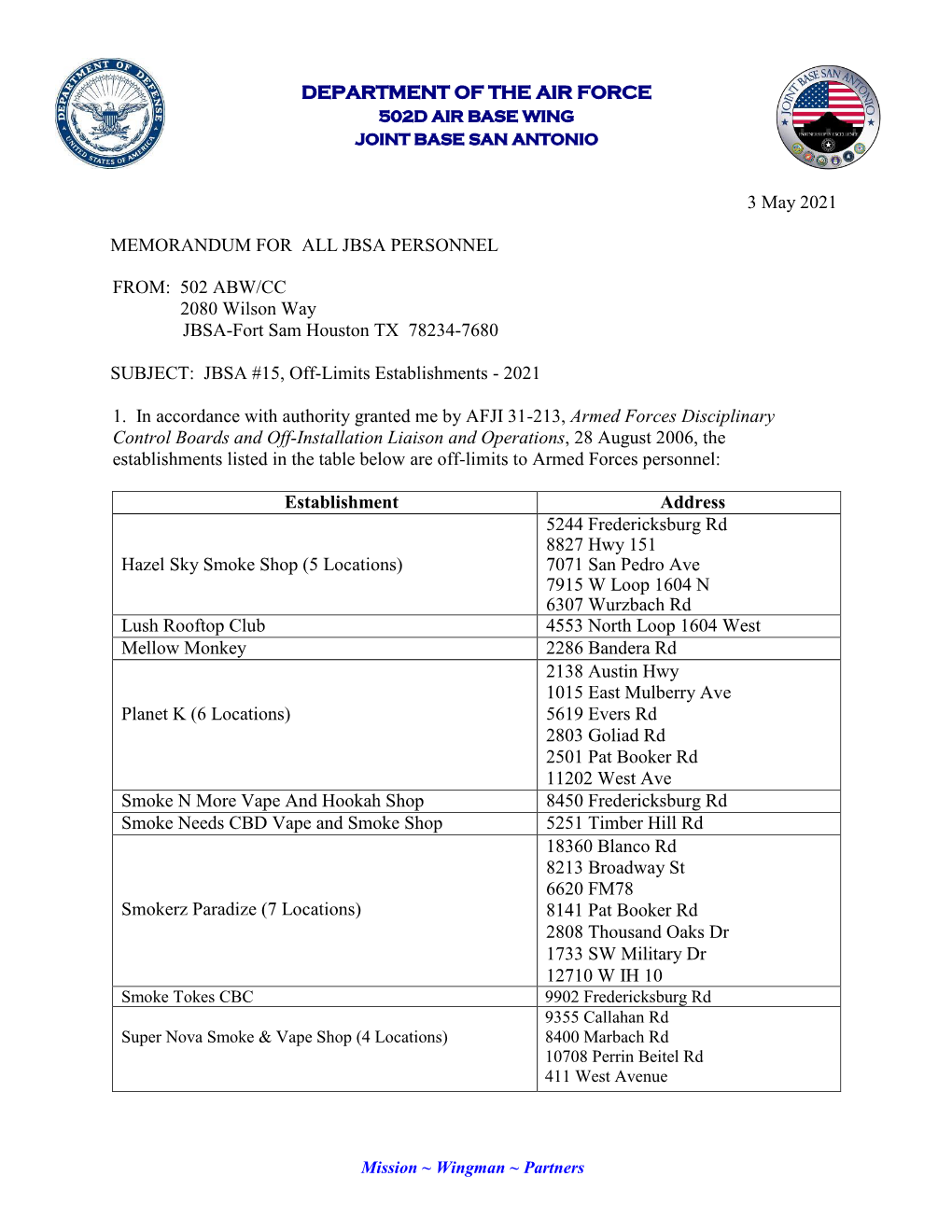 DEPARTMENT of the AIR FORCE 3 May 2021 MEMORANDUM FOR