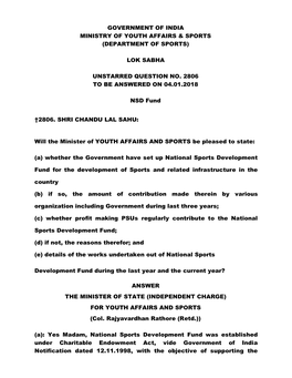 Government of India Ministry of Youth Affairs & Sports (Department of Sports) Lok Sabha Unstarred Question No. 2806 to Be An