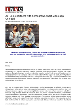 Altbalaji Partners with Homegrown Short-Video App Chingari by : Editor Published on : 1 Sep, 2020 06:00 PM IST