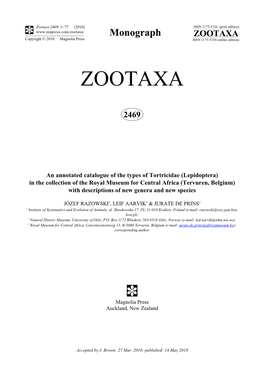 Zootaxa, an Annotated Catalogue of the Types of Tortricidae