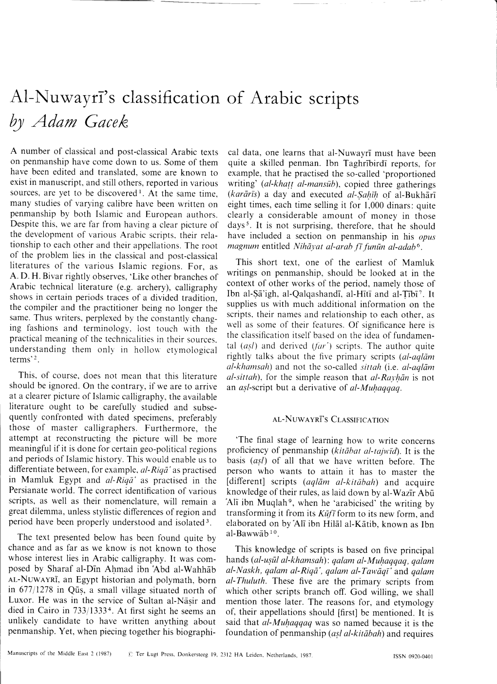 Al-Nuwayn's Classification of Arabic Scripts @ Adam Gacek