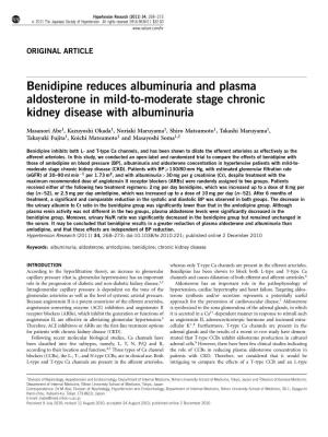 Benidipine Reduces Albuminuria and Plasma Aldosterone in Mild-To-Moderate Stage Chronic Kidney Disease with Albuminuria
