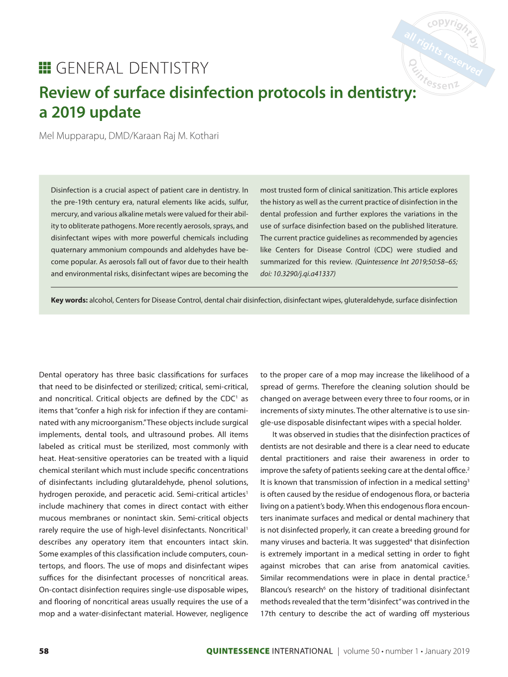 Review of Surface Disinfection Protocols in Dentistry: a 2019 Update