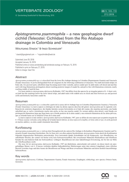 Apistogramma Psammophila – a New Geophagine Dwarf Cichlid (Teleostei: Cichlidae) from the Rio Atabapo Drainage in Colombia and Venezuela