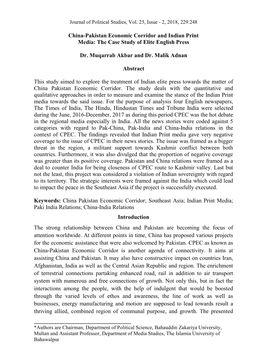China-Pakistan Economic Corridor and Indian Print Media: the Case Study of Elite English Press