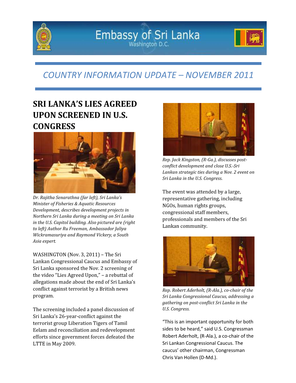 Embembembassy of Sri Lanka Country Information Update – November 2011