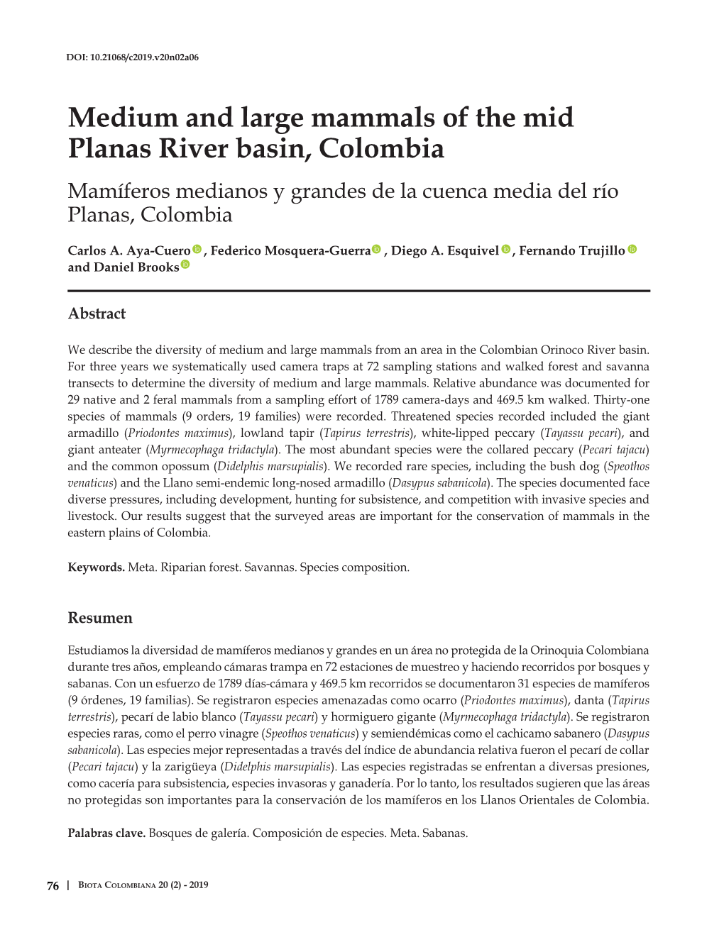 Medium and Large Mammals of the Mid Planas River Basin, Colombia Mamíferos Medianos Y Grandes De La Cuenca Media Del Río Planas, Colombia