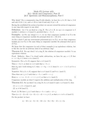 Math 371 Lecture #21 §6.1: Ideals and Congruence, Part II §6.2: Quotients and Homomorphisms, Part I