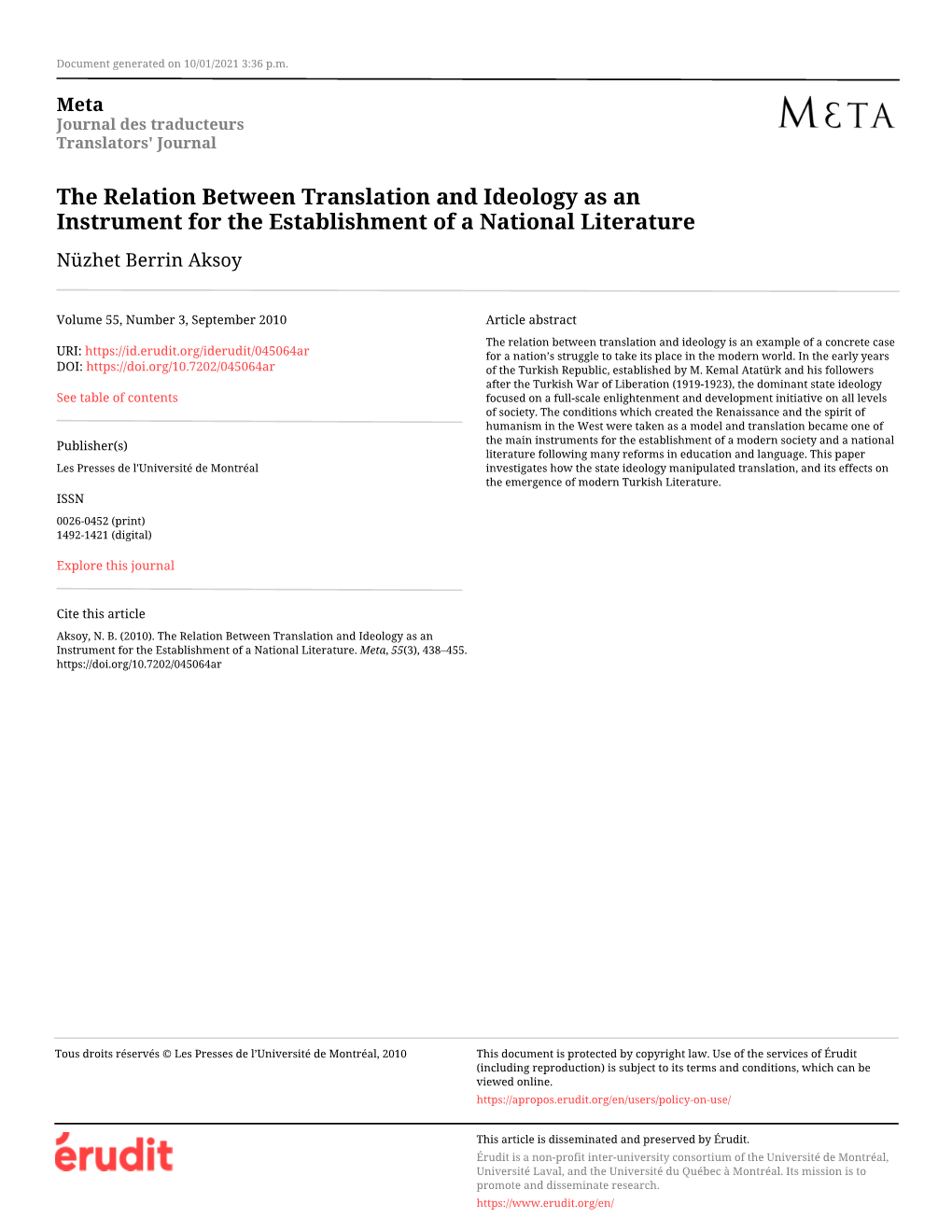 The Relation Between Translation and Ideology As an Instrument for the Establishment of a National Literature Nüzhet Berrin Aksoy