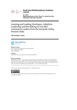 South Asia Multidisciplinary Academic Journal, 21 | 2019 Learning and Leading: Resistance, Subaltern Leadership and the Making of Two