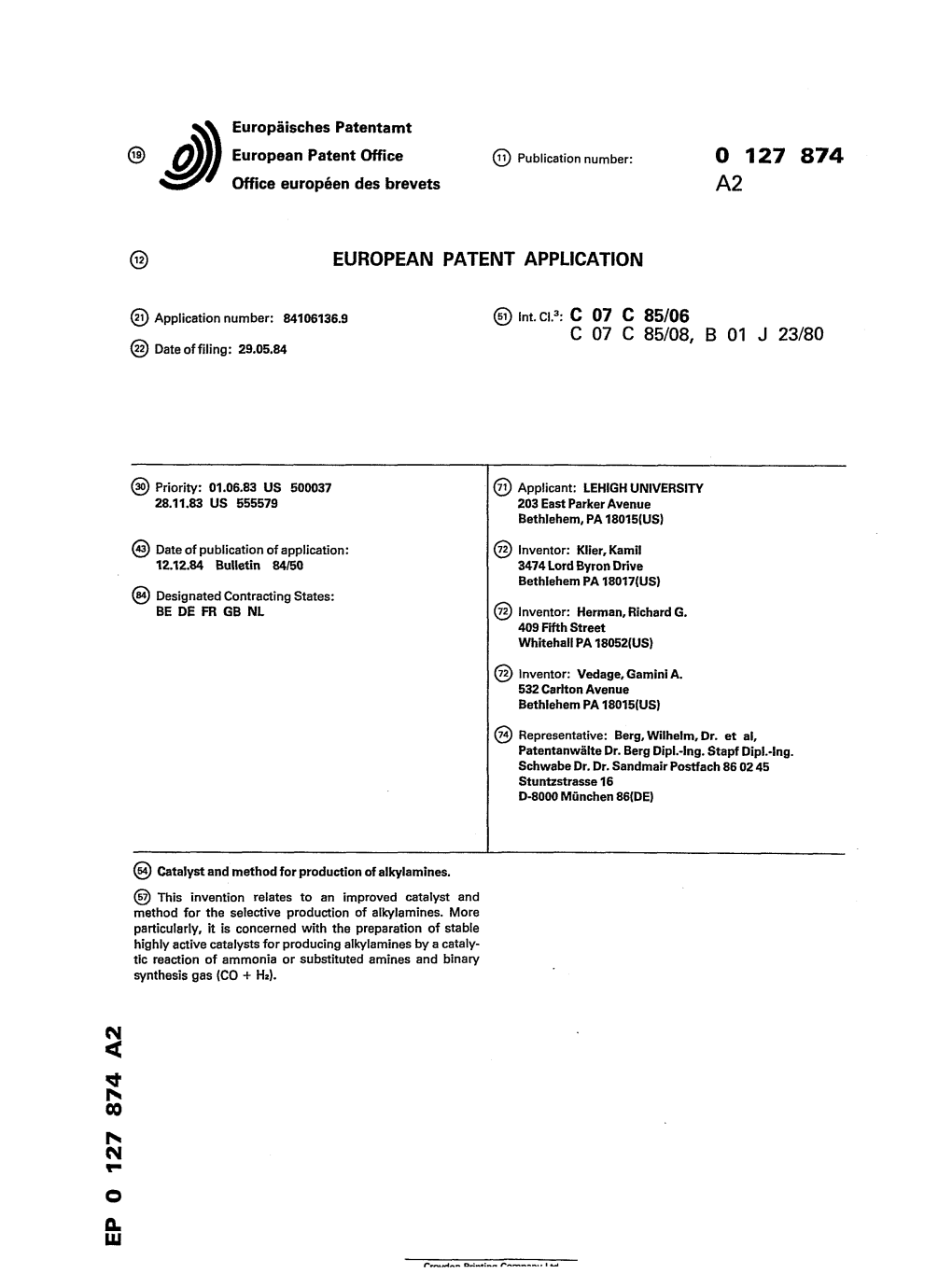 Catalyst and Method for Production of Alkylamines