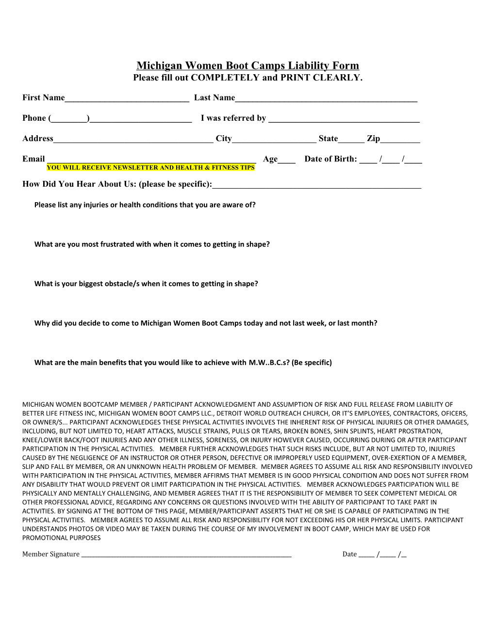 Michigan Women Boot Camps Liability Form