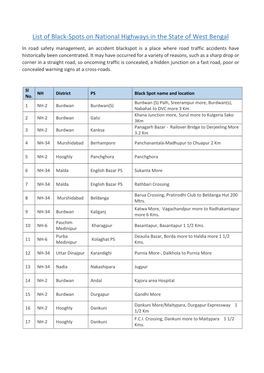 List of Black-Spots on National Highways in the State of West Bengal