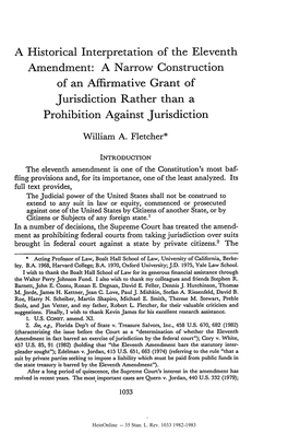A Historical Interpretation of the Eleventh Amendment: a Narrow Construction of an Affirmative Grant of Jurisdiction Rather Than a Prohibition Against Jurisdiction