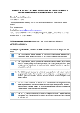 SUBMISSION to OBJECT to TERMS PROPOSED by the EUROPEAN UNION for PROTECTION AS GEOGRAPHICAL INDICATIONS in AUSTRALIA Submitter N