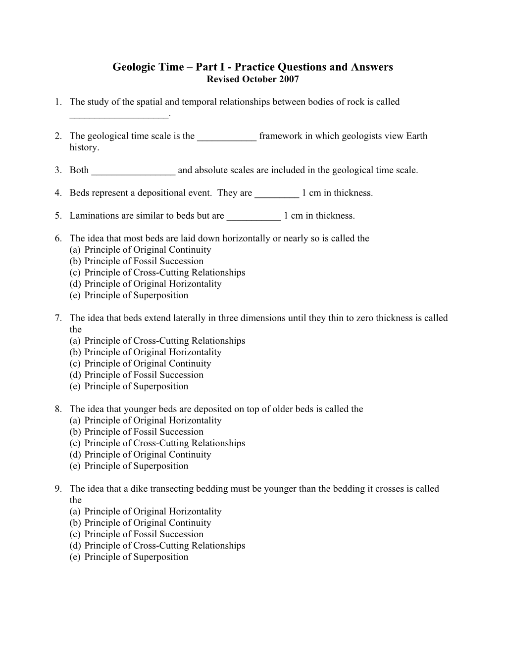 Geologic Time – Part I - Practice Questions and Answers Revised October 2007