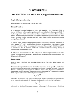 Ph 3455/MSE 3255 the Hall Effect in a Metal and a P-Type Semiconductor
