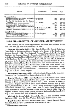 PART III.—REGISTER of OFFICIAL APPOINTMENTS* the Following List of Official Appointments Continues That Published in the 1951 Year Book, Pp