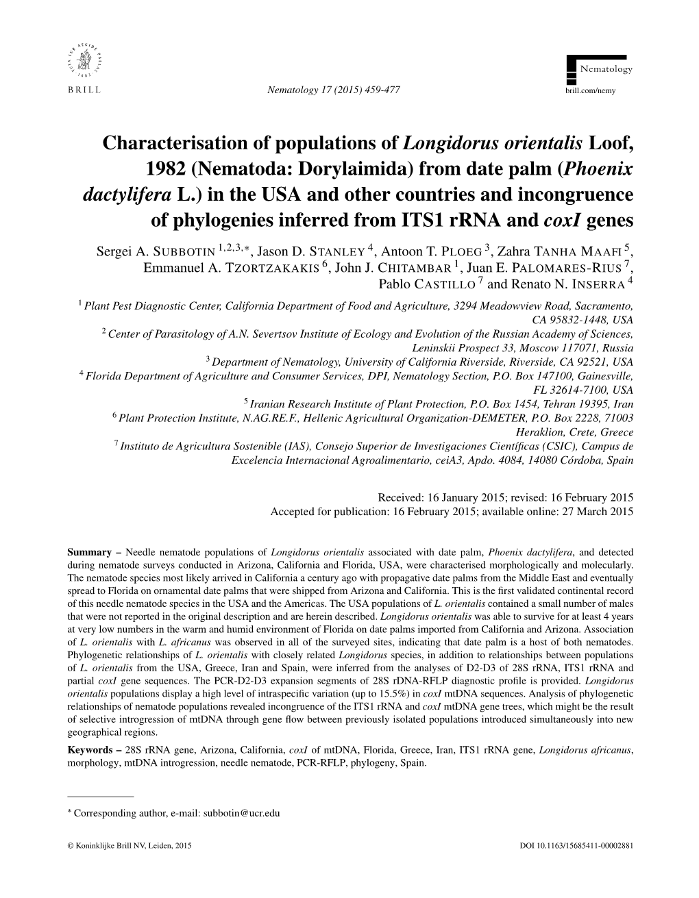 Characterisation of Populations of Longidorus Orientalis Loof, 1982
