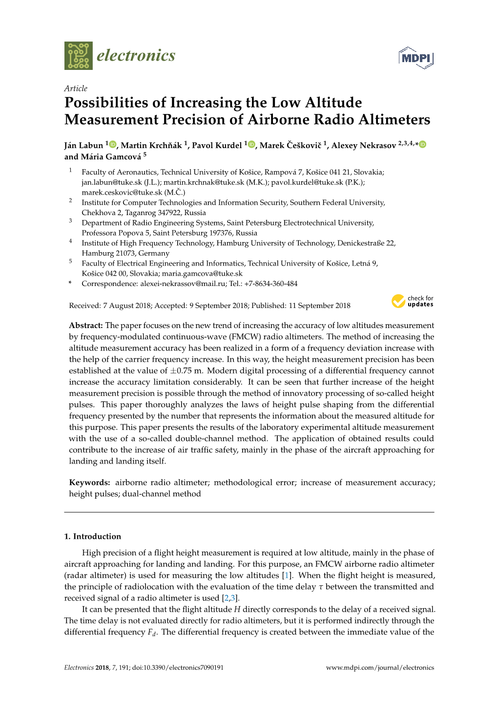 Possibilities of Increasing the Low Altitude Measurement Precision of Airborne Radio Altimeters
